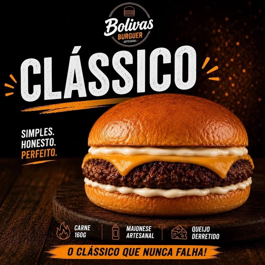 Hambúrguer Clássico da Bolivas Burguer, com carne 160g, maionese artesanal e queijo derretido