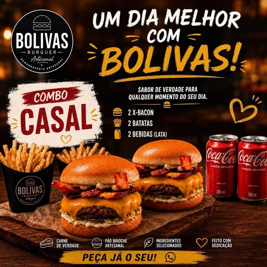Combo Casal da Bolivas Burguer, com 2 X-Bacon, 2 batatas e 2 bebidas em lata