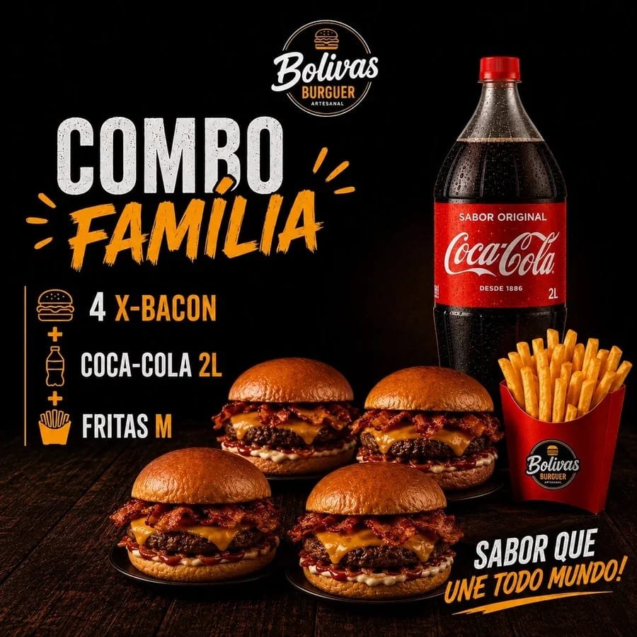 Combo Família da Bolivas Burguer, com 4 X-Bacon, Coca-Cola 2L e fritas M